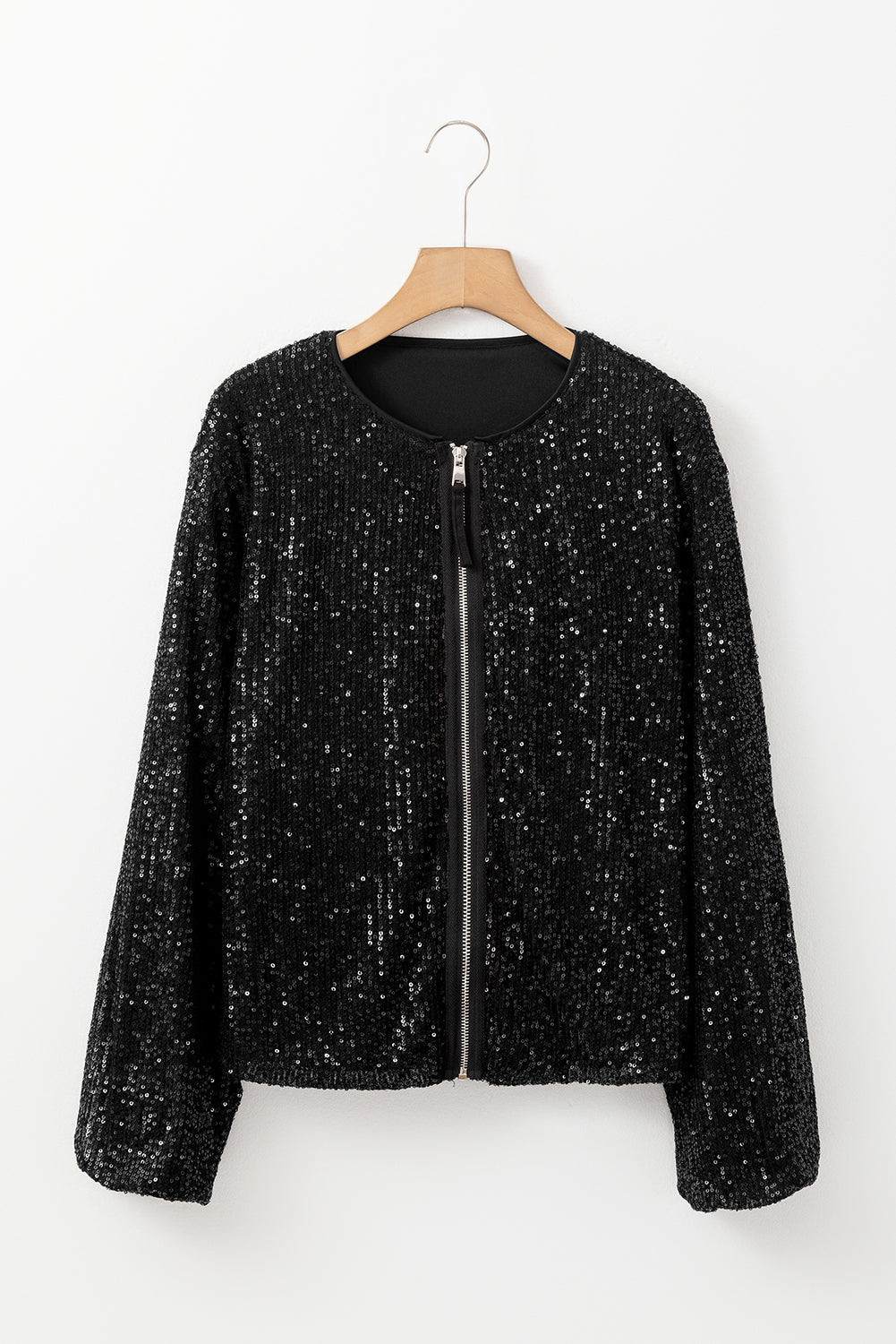 Abrikoos Sequin Zip-up Ronde Hals Lange Mouw Jas