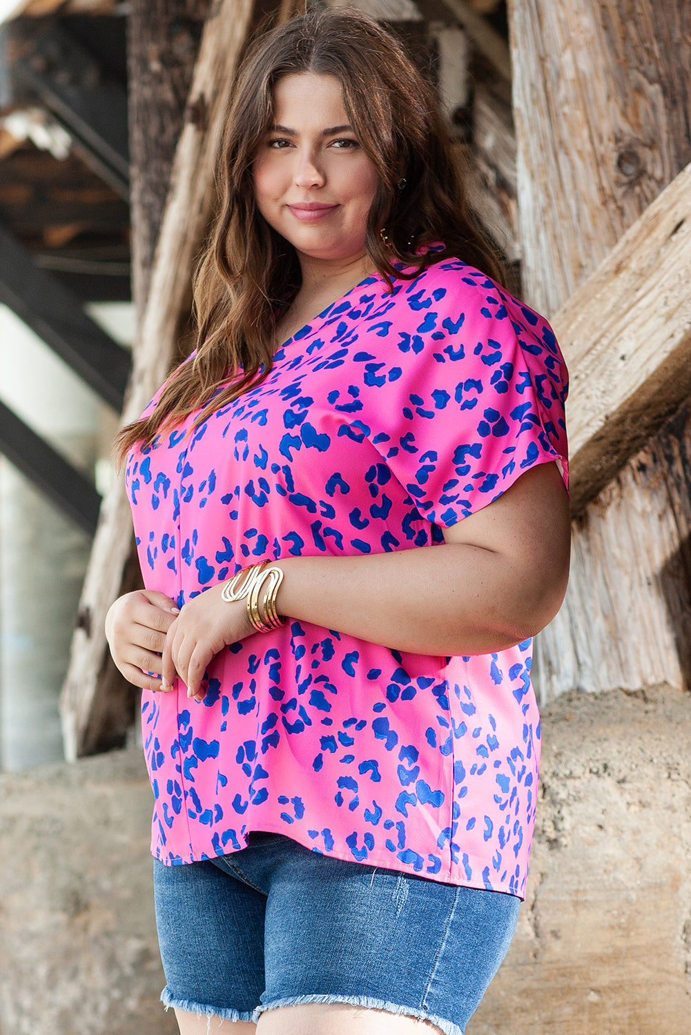 Roze contrasterende luipaardprint plus maat blouse met V-hals