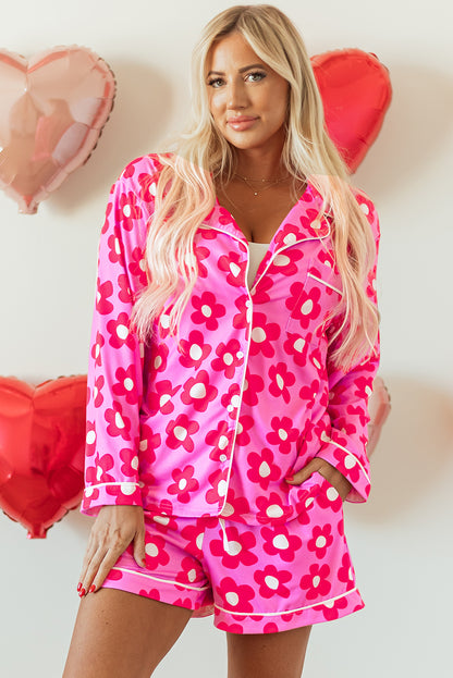 Roze bloemenprint shirt met lange mouwen, shorts, pyjamaset