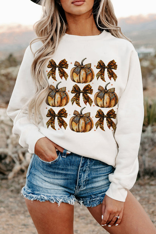 Beige Pompoen Luipaard Strik Knoop Print Pullover Sweatshirt