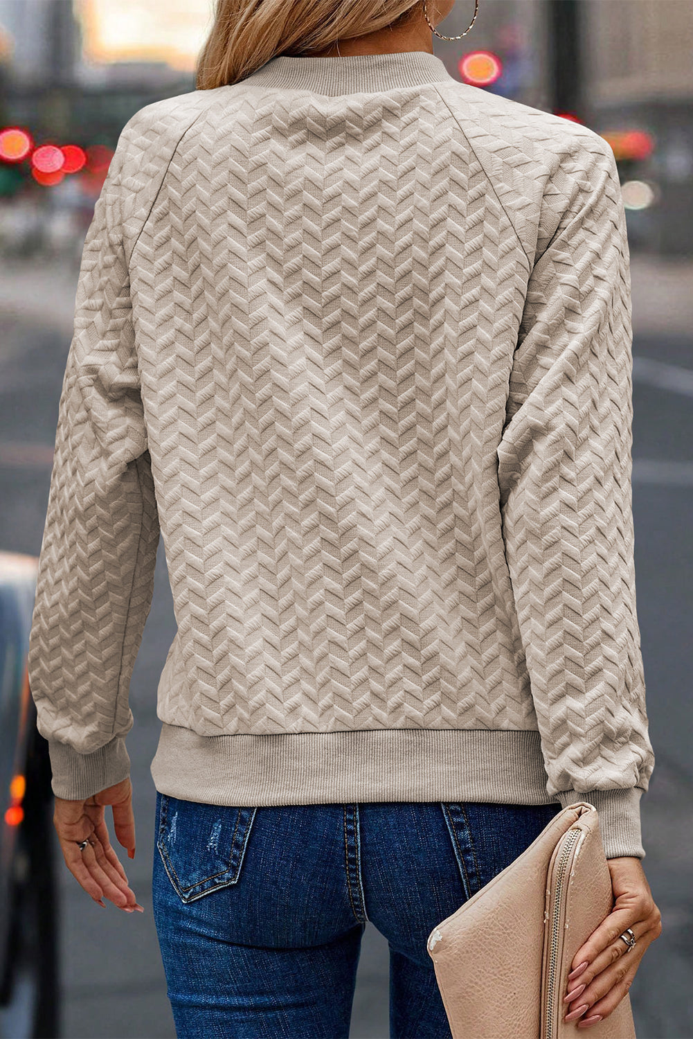 Beige Solid Textured Raglan Sleeve Pullover Sweatshirt