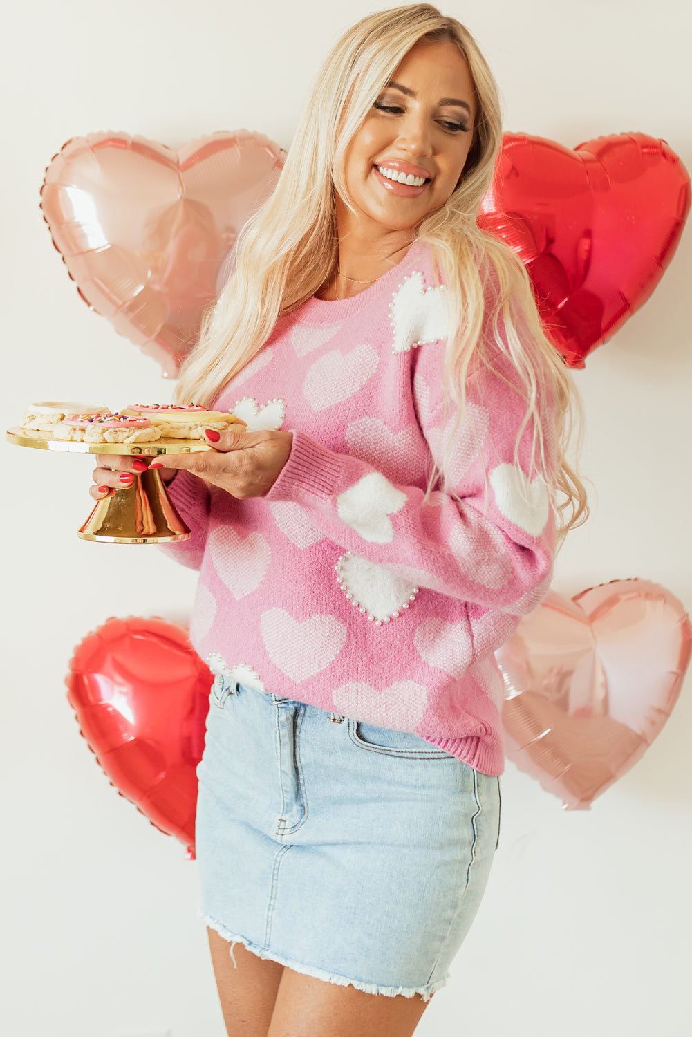 Roze Pearled Heart Print Valentijns Crew Neck Sweater