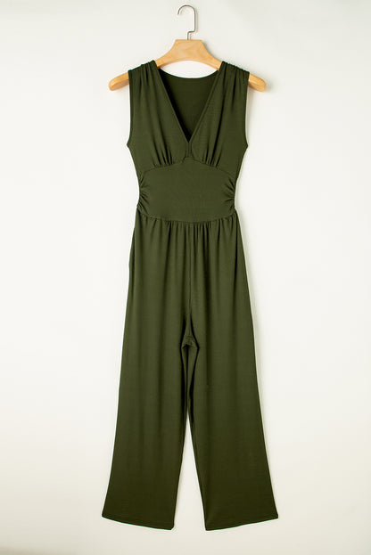 Moss Green Sleeveless V Neck Ruched Wide Leg Jumpsuit