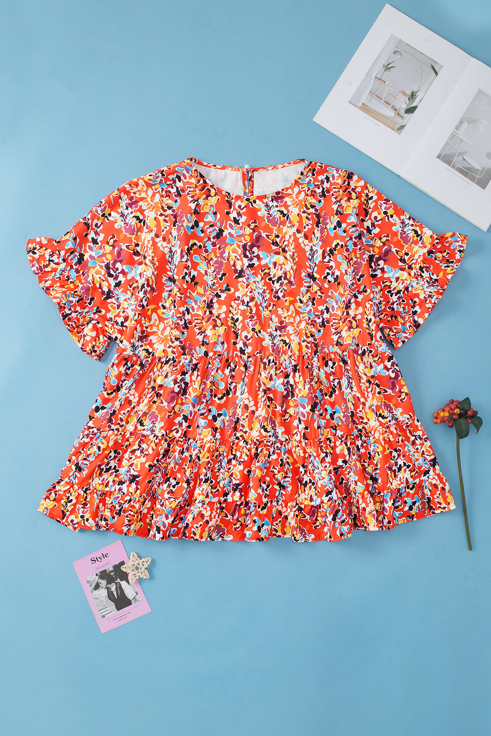 Orange Floral Printed Ruffle Sleeve Curvy Babydoll Blouse