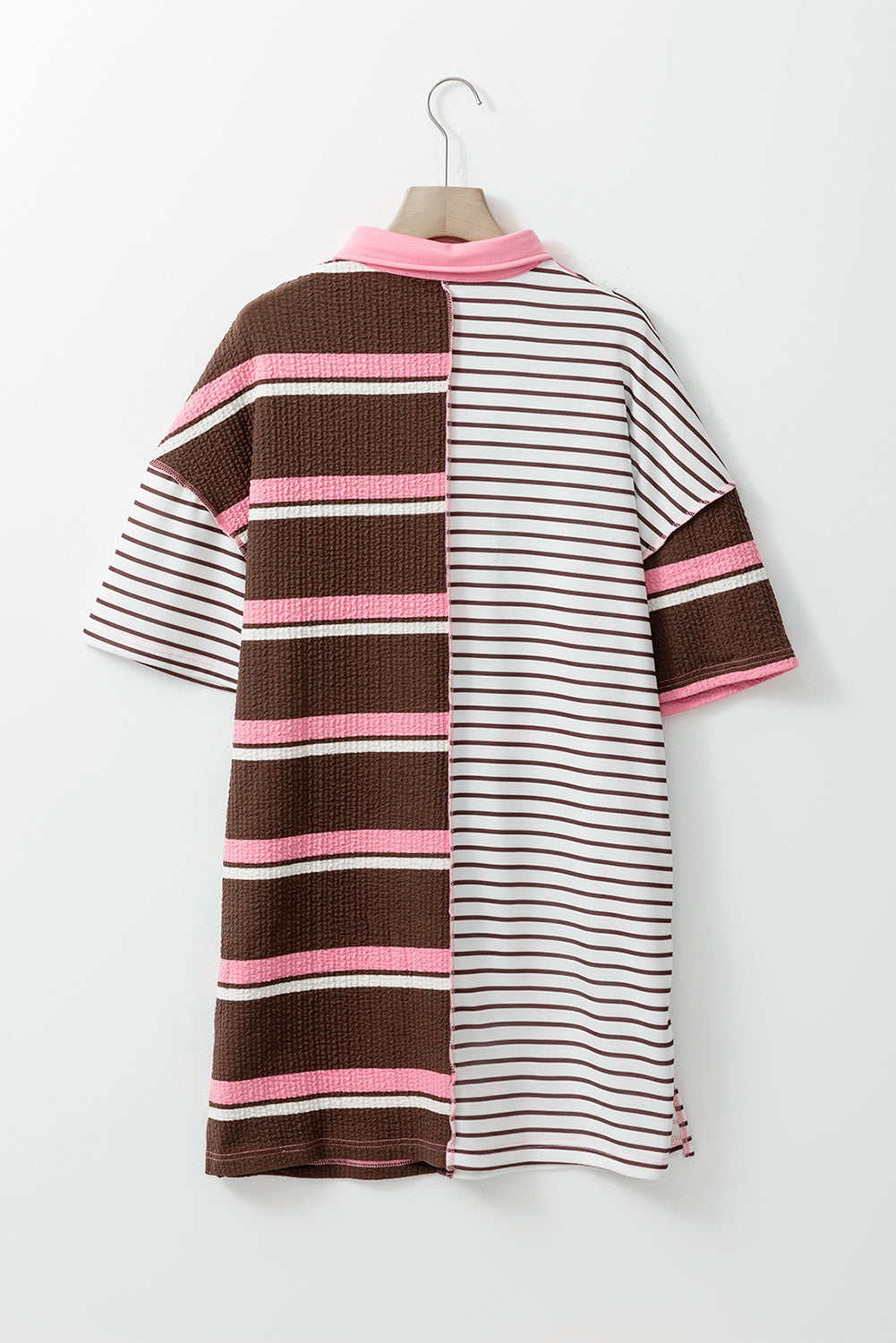 Bruin gestreepte gestreepte getextureerde patchwork T-shirtjurk met knopen