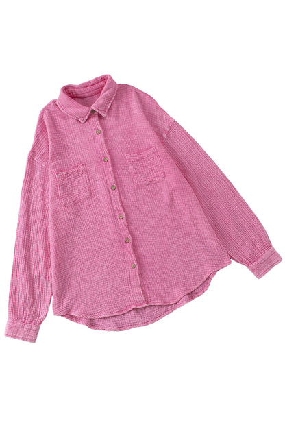 Pink Mineral Wash Crinkle Textured Chest Pockets Shirt