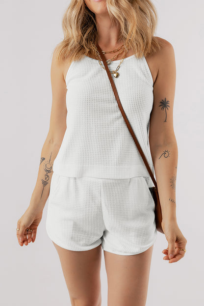 Witte wafelgebreide cami- en shortset met spaghettibandjes