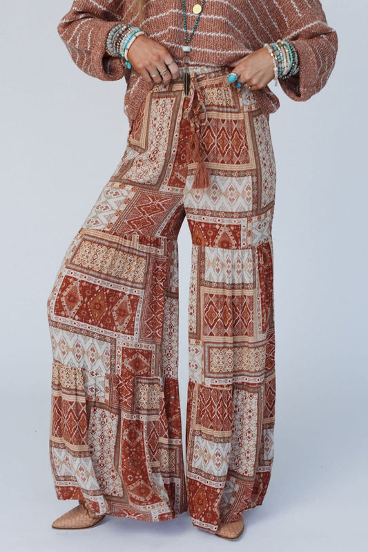 Bruine Boho Azteekse print gelaagde Palazzo-broek