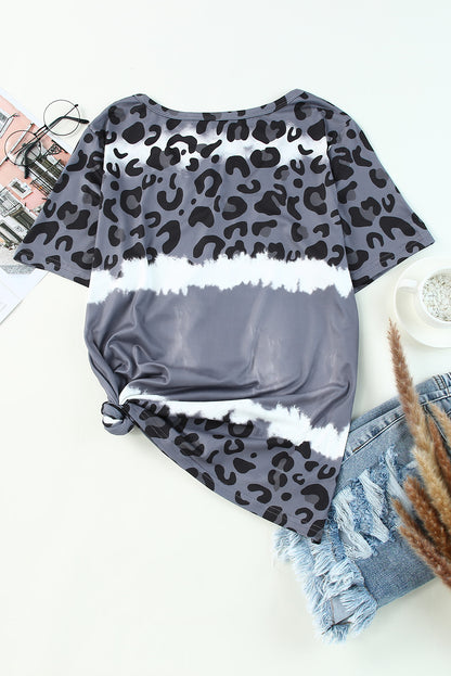 Gray Tie Dye Leopard Patchwork Short Sleeve Top