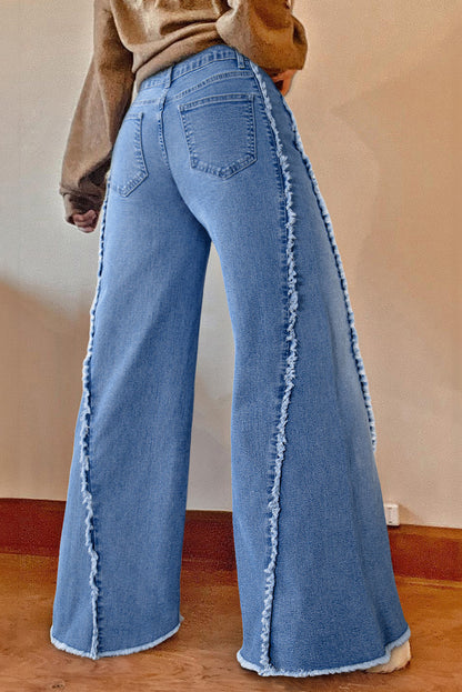 Beau Blue Vintage Stitching Rauwe zoom wijd uitlopende jeans