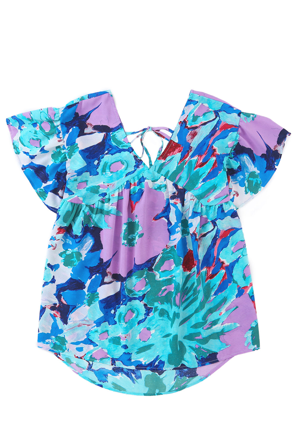 Hemelsblauwe blouse met abstracte print en V-hals met fluttermouwen