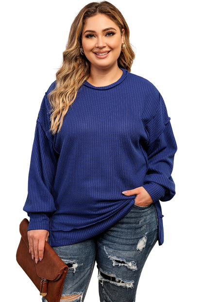 Blauw Grote maten wafelgebreide oversized top met zichtbare naden