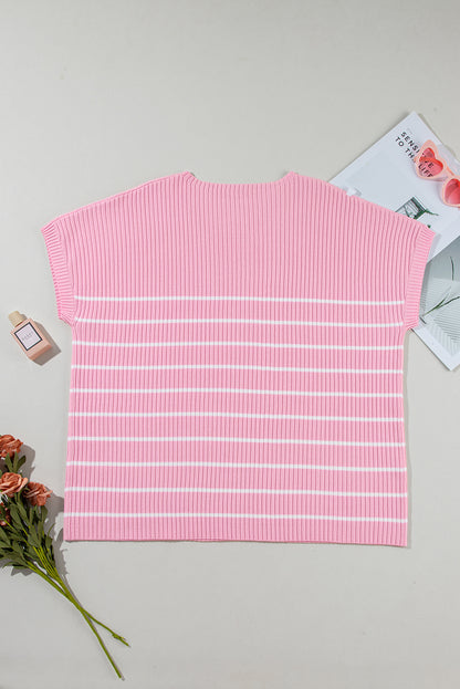 Roze gestreept geribbeld los plus T-shirt