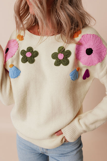 Beige Knitted Flower Pattern Ribbed Edge Sweater