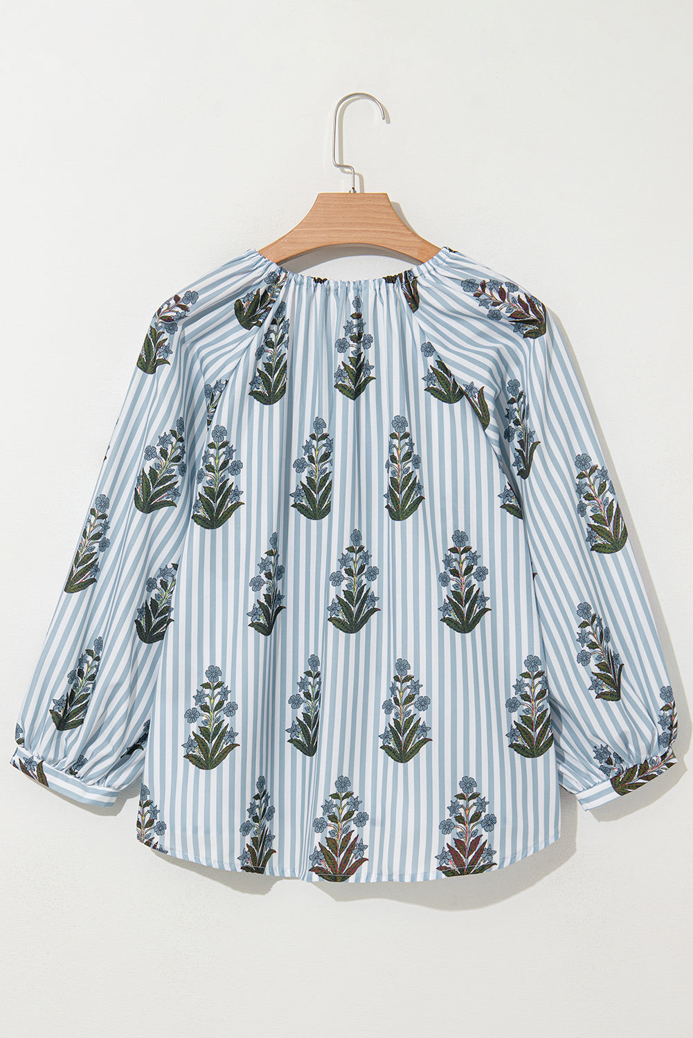 Beau Blue Striped Floral Printed Long Sleeve Tied V Neck Blouse