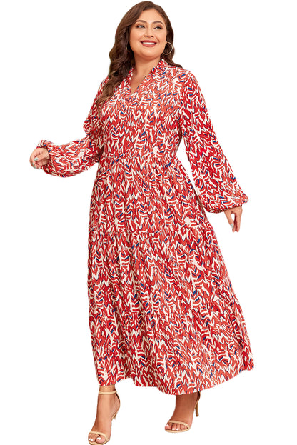 Rood plus size abstracte print Notch V nek hoge taille maxi -jurk