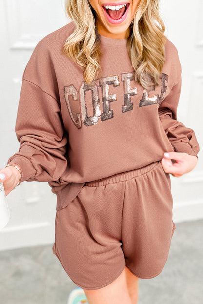 Strogele sequined COFFEE losse pasvorm sweatshirt en shorts set