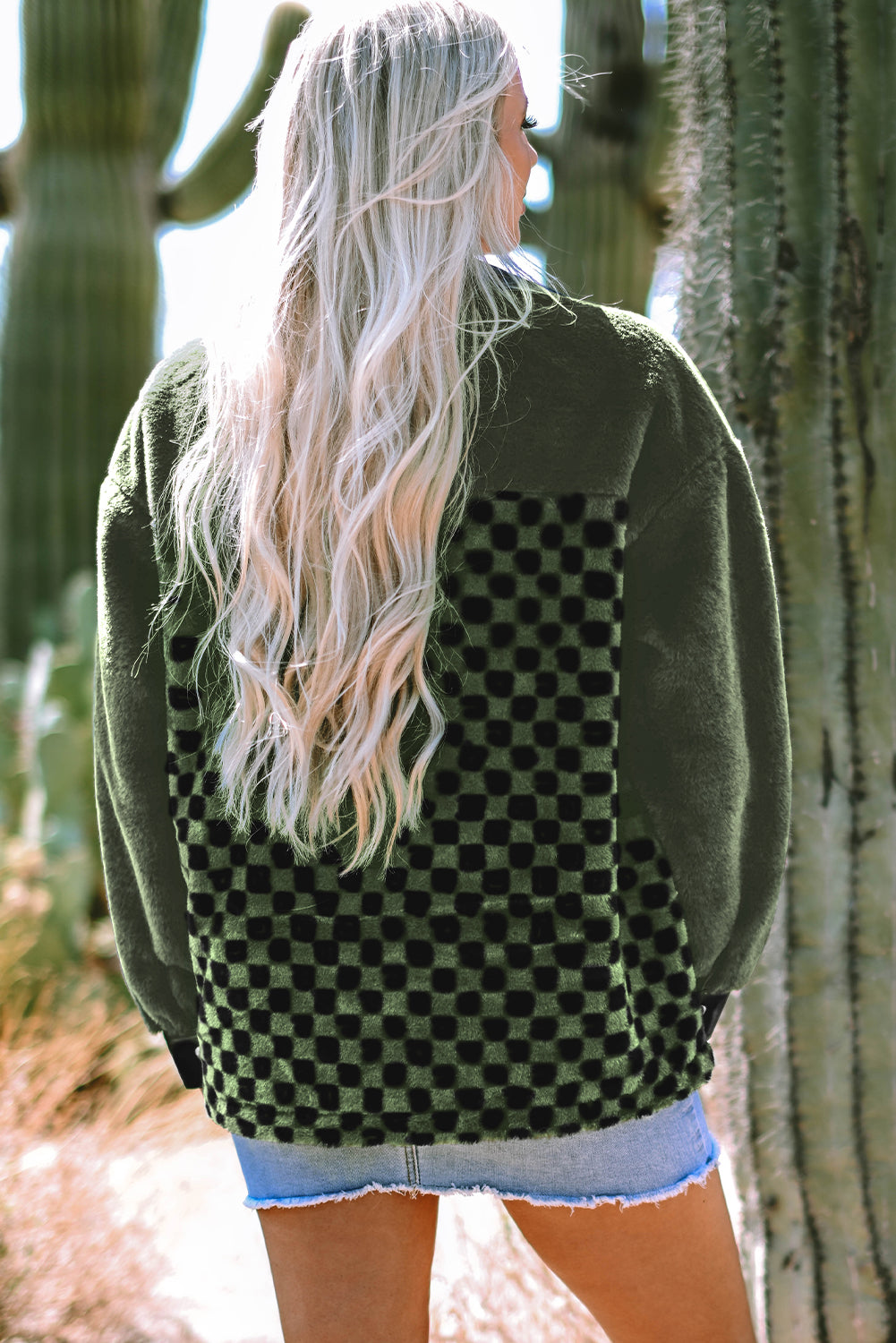 Vineyard Green Fleece Checkerboard Flap Pocket Drukknoop Jas