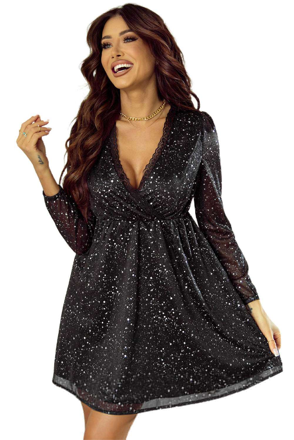 Zwarte glitter mesh overlay jurk met V-hals en lange mouwen