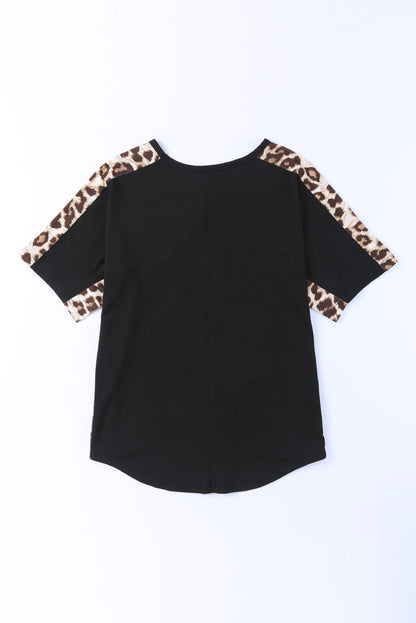 Black Leopard Splicing O-neck Short Sleeve T Shirt