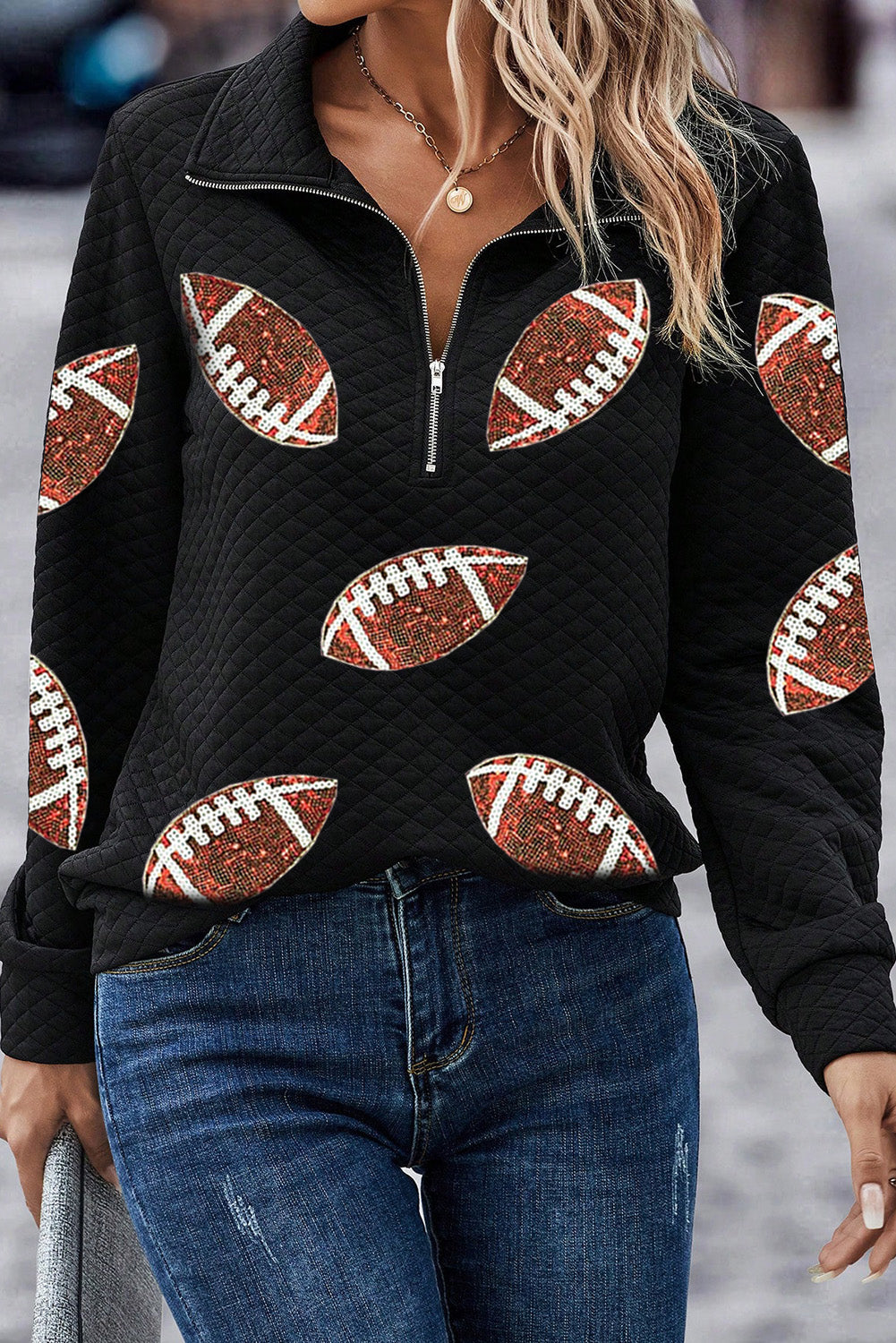 Zwarte Sequin Rugby Football Patched Quarter Zip Textured Sweatshirt