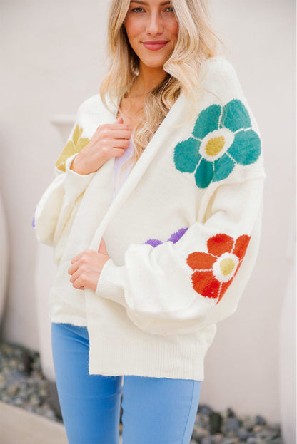 Witte bloem jacquard open vest met bubbelmouwen