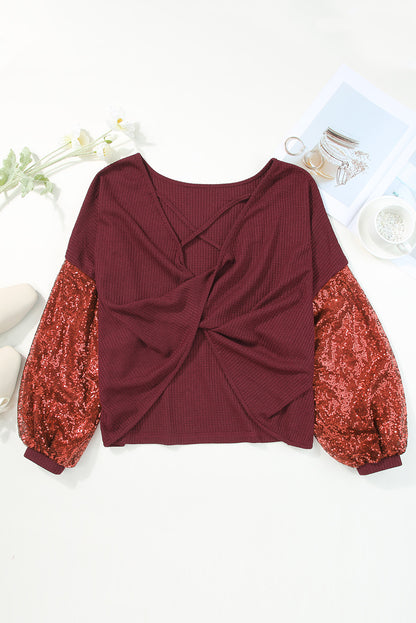 Burgundy Sequin Patchwork Sleeve Open Back Waffle Knit Top