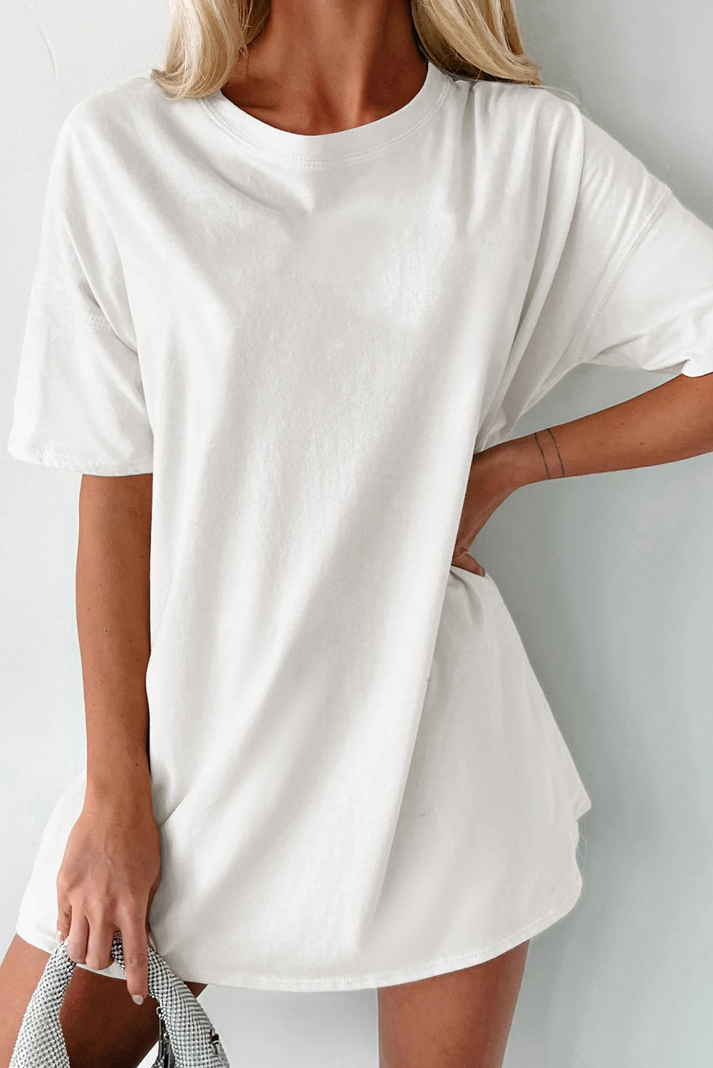 Wit effen kleur Basic tuniek T-shirt met ronde hals