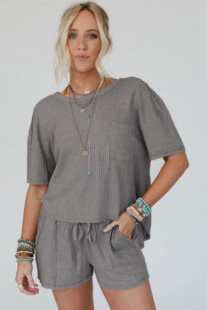 Gray Solid Color Waffle Knit T Shirt and Shorts Set