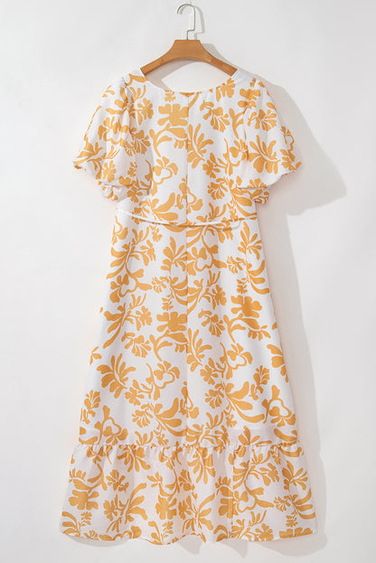 Apricot Floral Print Puff Short Sleeve Resort Plus Size Maxi Dress