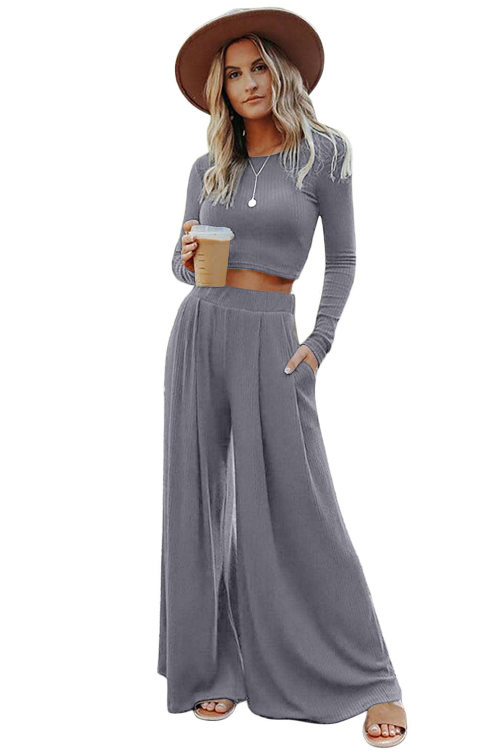 Grijze effen kleur geribbelde crop top lange broek set