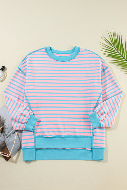 Sky Blue Stripe Contrast Trim High Low Pullover Tunic Sweatshirt