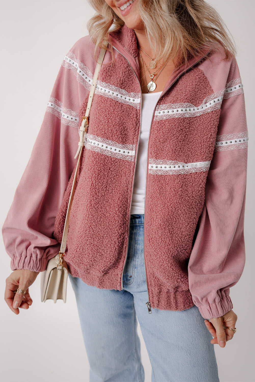 Roze sherpa patchwork kanten elastische manchetten ritsjack