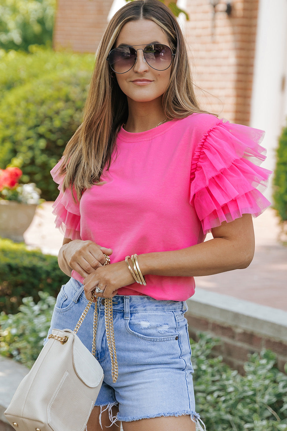 Roze tule blouse met ruches aan de mouwen