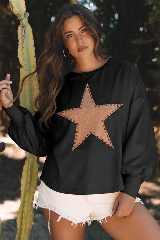 Zwart Studded Star Grafisch oversized top met lange mouwen