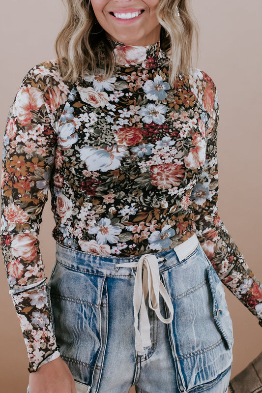 Bruine bloemen bloemen met lange mouwen hoge nek schede mesh blouse