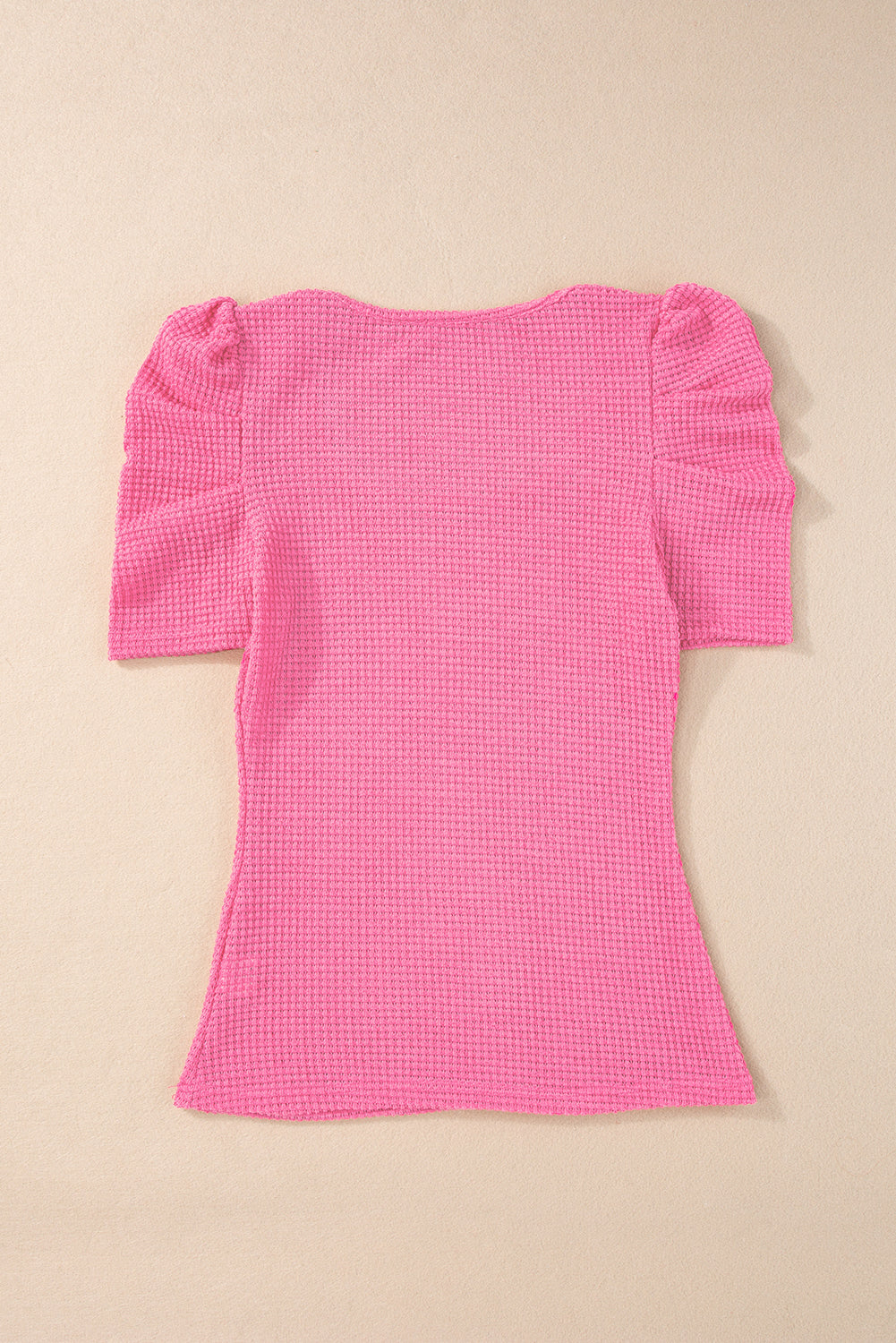 Bright Pink Waffle Knit Ruched Puff Sleeve Top