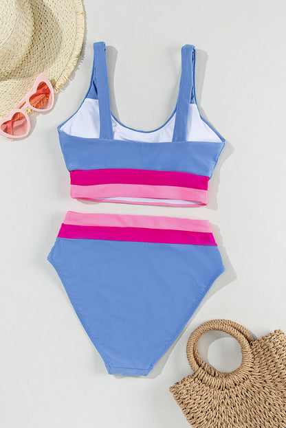 Lichtblauw colorblock bikinibadpak met hoge taille