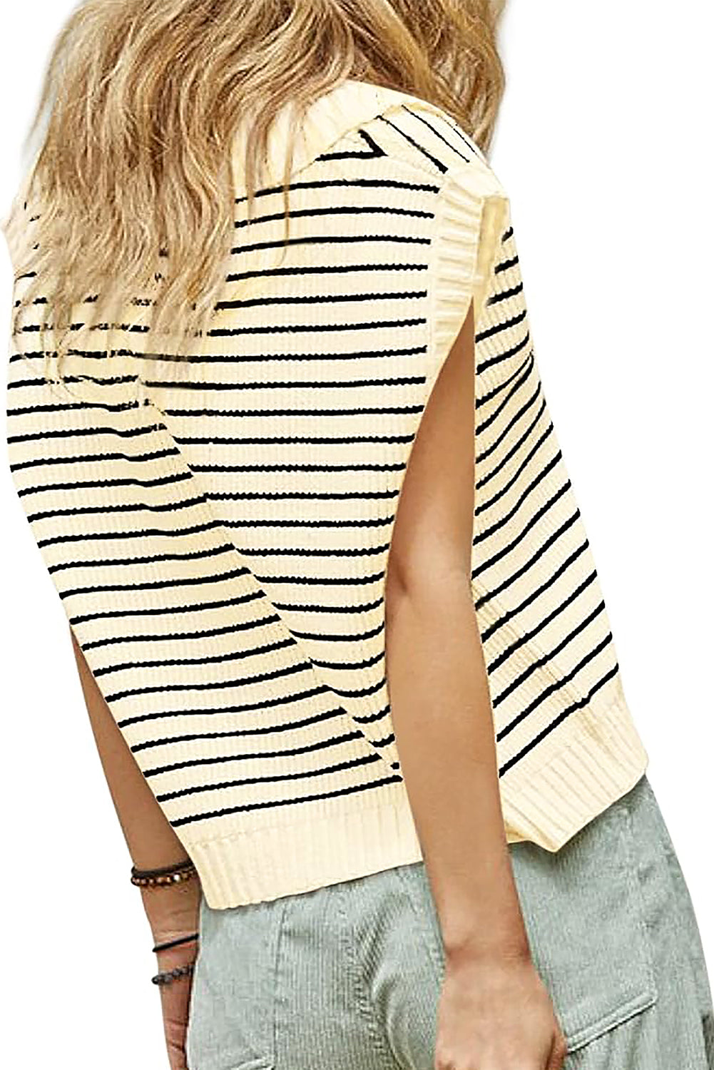 Beige gestreepte turn-down tanktop met V-hals en trui