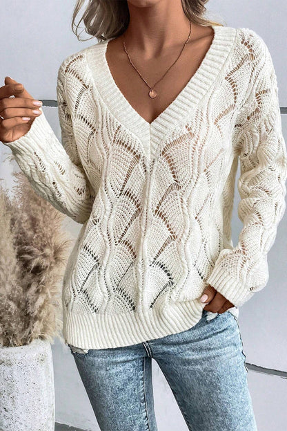 Beige Hollow Out Knit V Neck Drop Schouder trui