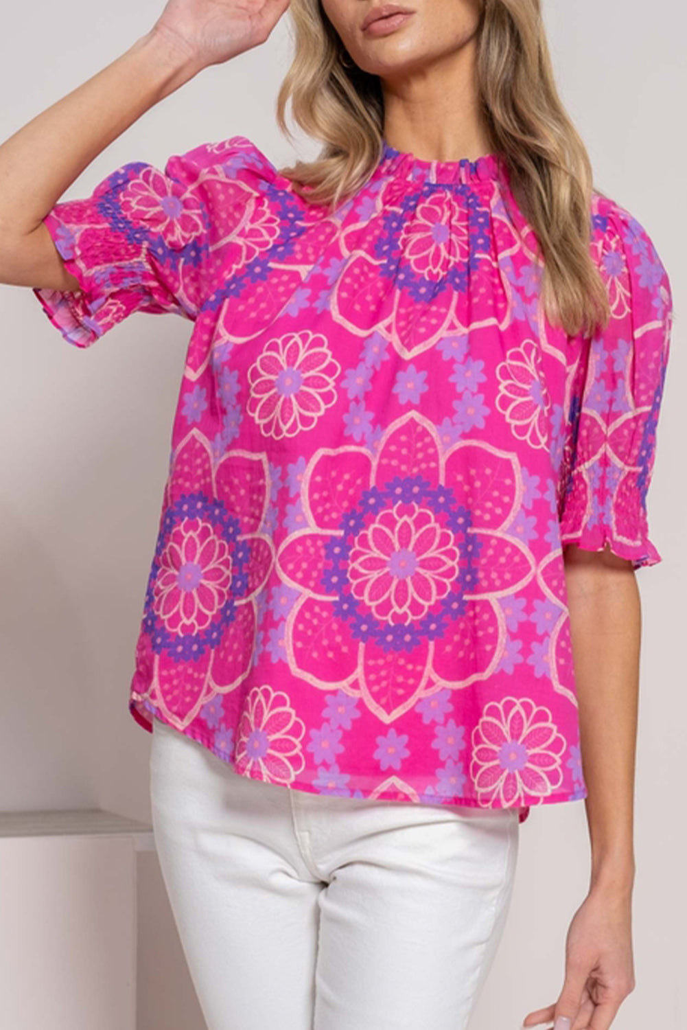 Rose Floral Print Frilled Neck Smocked Puff Sleeve Blouse