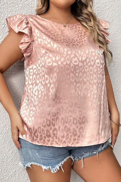 Pink Plus Size Leopard Print Ruffled Flutter Sleeve Satin Blouse