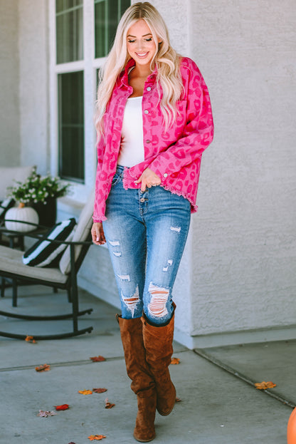 Pink Leopard Print Button Cuffs Raw Hem Jacket