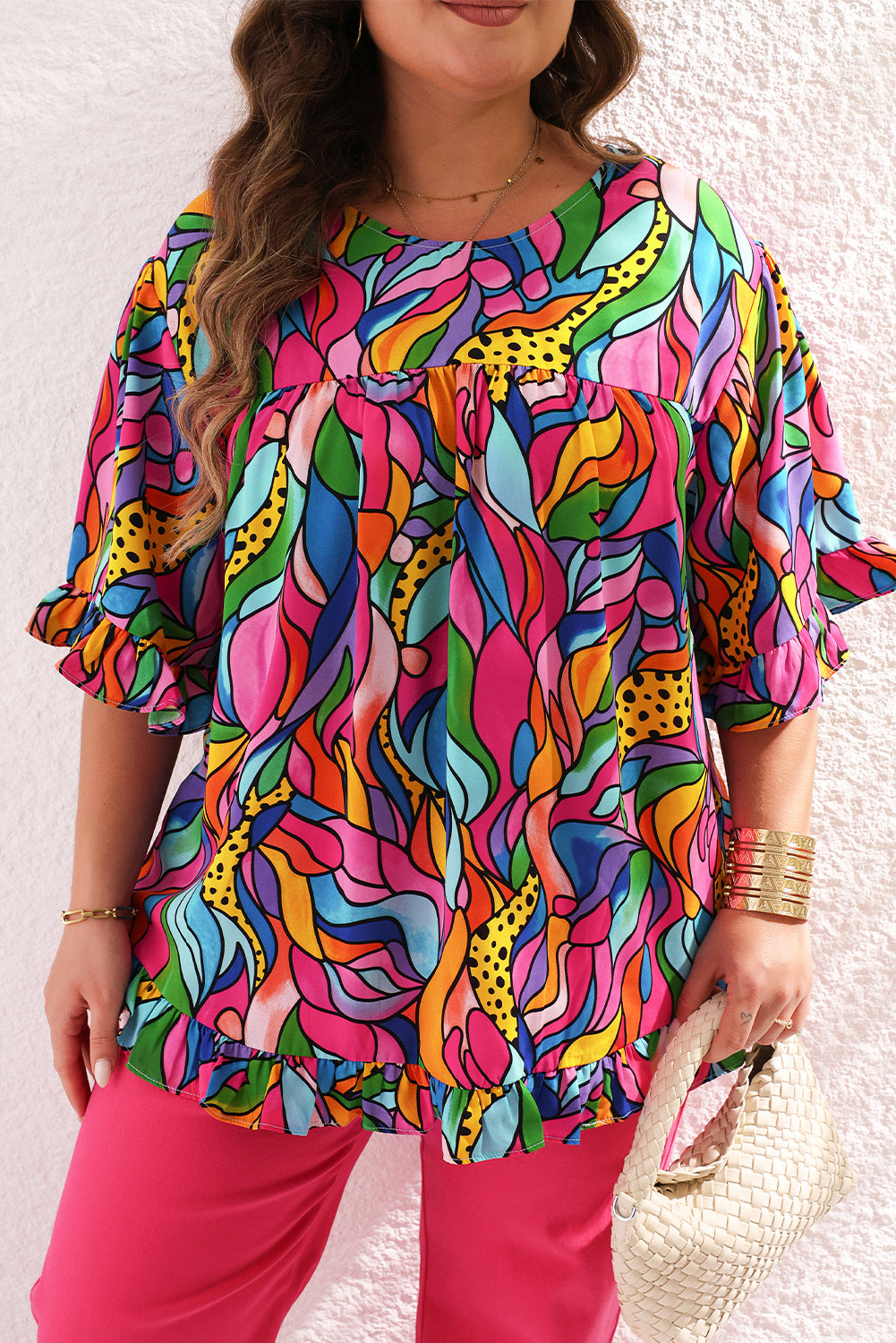 Roze abstracte print plus maat blouse met ruches