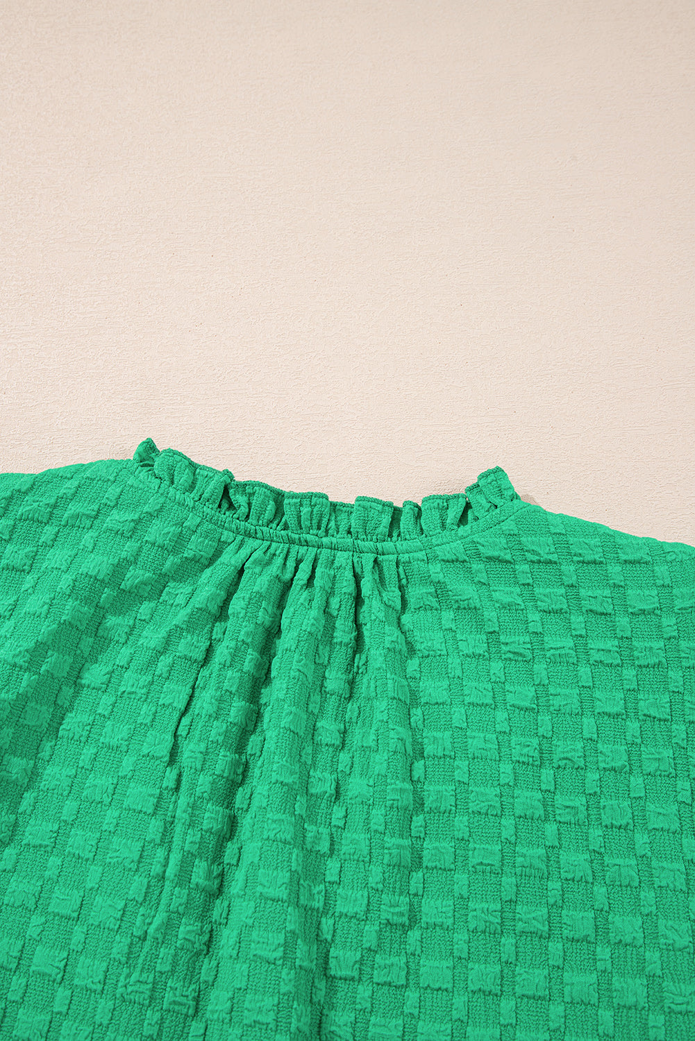 Bright Green Textured Puff Short Sleeve Notched V Neck Top