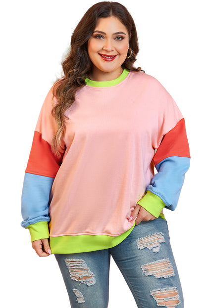 Lichtroze grote maten colorblock sweatshirt met patchwork en ronde hals