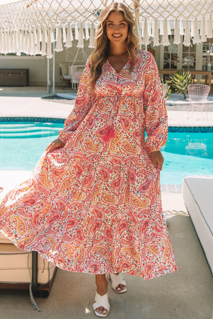 Oranje Boho Holiday Paisley-print gelaagde maxi-jurk met lange mouwen