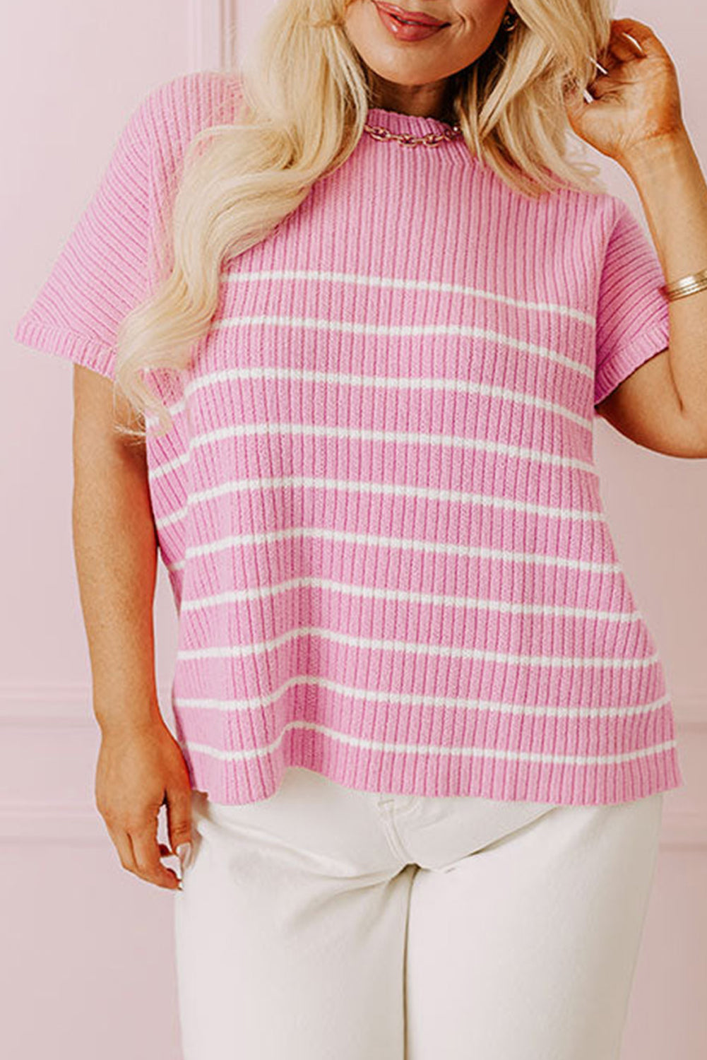 Roze gestreept geribbeld los plus T-shirt