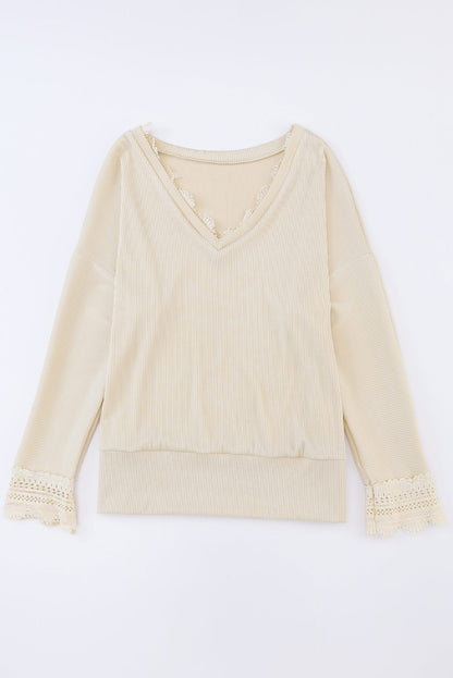 Apricot Ribbed Texture Lace Trim V Neck Long Sleeve Top