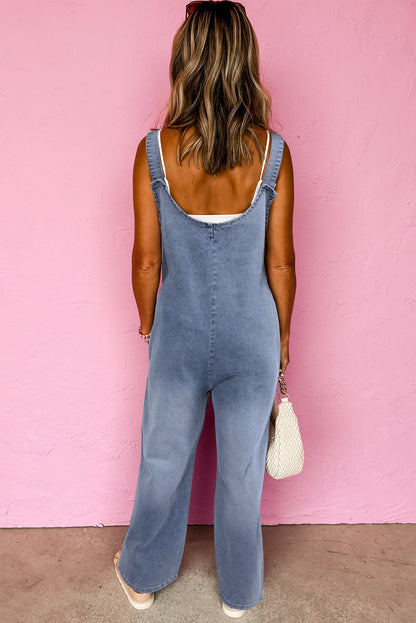 Steenblauw gewassen denim -knoppen Patter Pocket Wide Been Overalls Pocket Wide Been